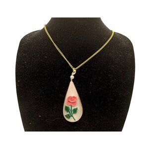 Vintage Frosted Lucite Rose Teardrop Pendant Necklace Gold Tone Rope Frame 16 In